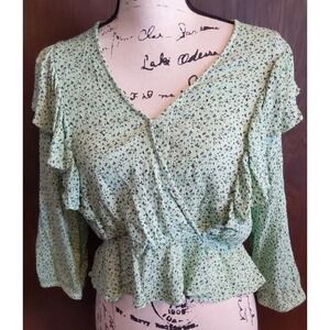 BCBG GENERATION BLOUSE TOP SHIRT FLORAL 3/4 SLEEVES Medium faux wrap mint green